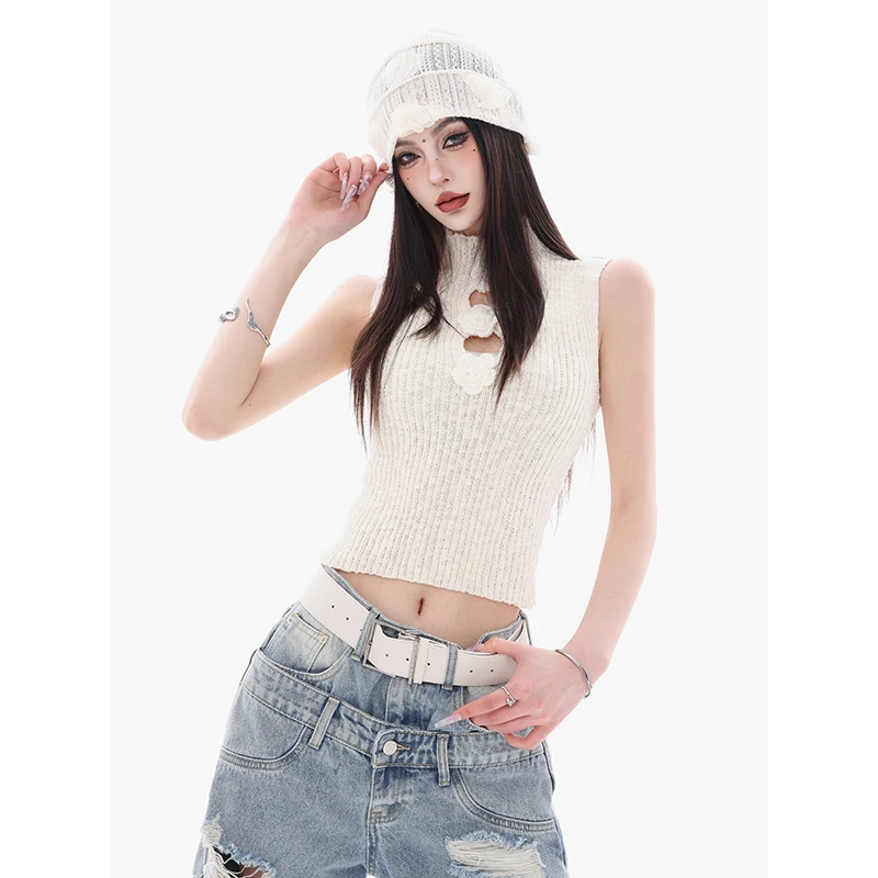 ABWEAR 山茶纪事-原创美式花朵设计无袖吊带背心女修身短袖上衣