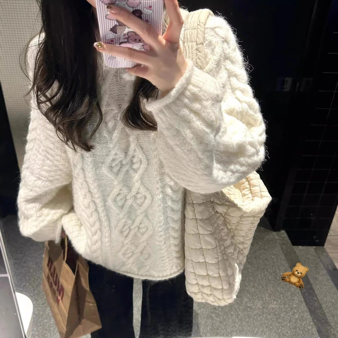 慵懒感立体麻花粗针绞花毛衣女秋冬卷边设计感加厚针织毛衫上衣