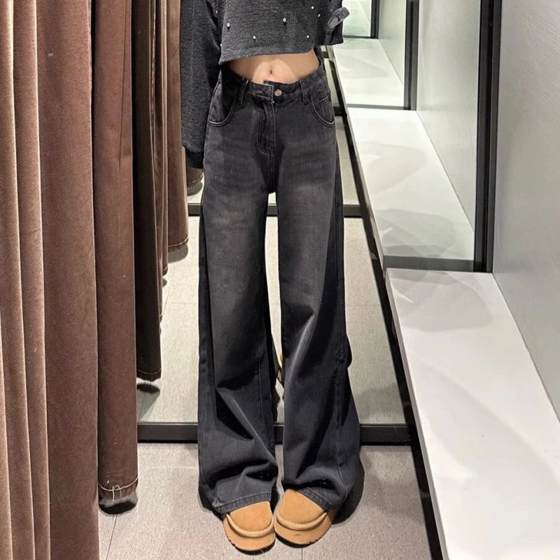 黑灰色阔腿牛仔裤女春季新款高腰宽松显瘦大码胖mm梨型身材直筒裤