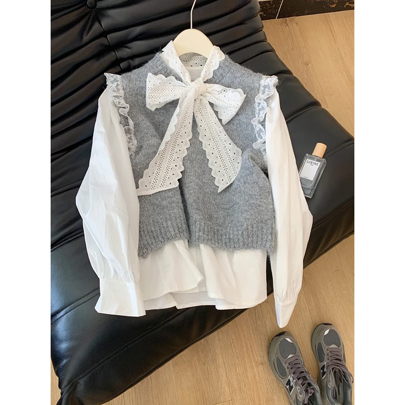 两件套装叠穿套头针织毛衣马甲衬衫上衣女小个子设计感小众高级感