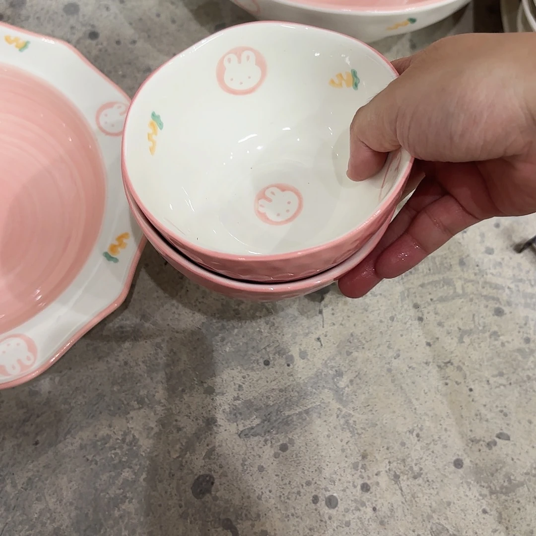 棉麻微瑕一对粉兔子碗