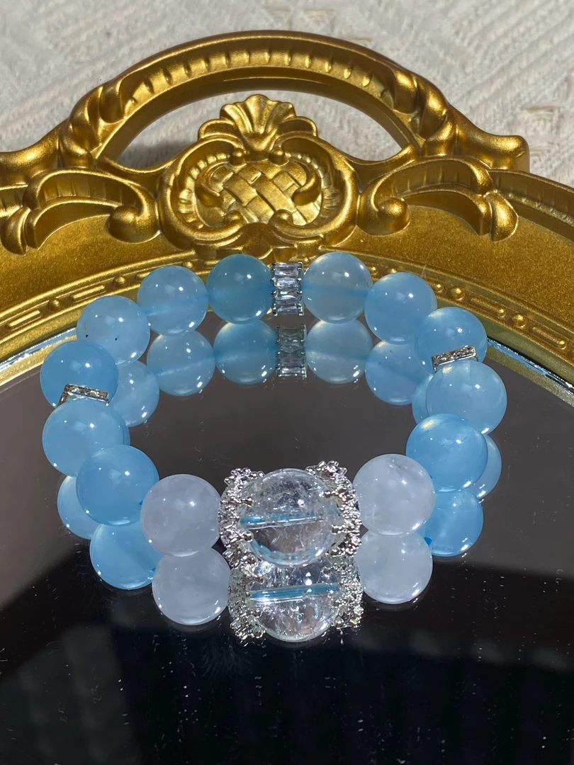 HY549【天空之镜】天然水晶海蓝宝白水素圈