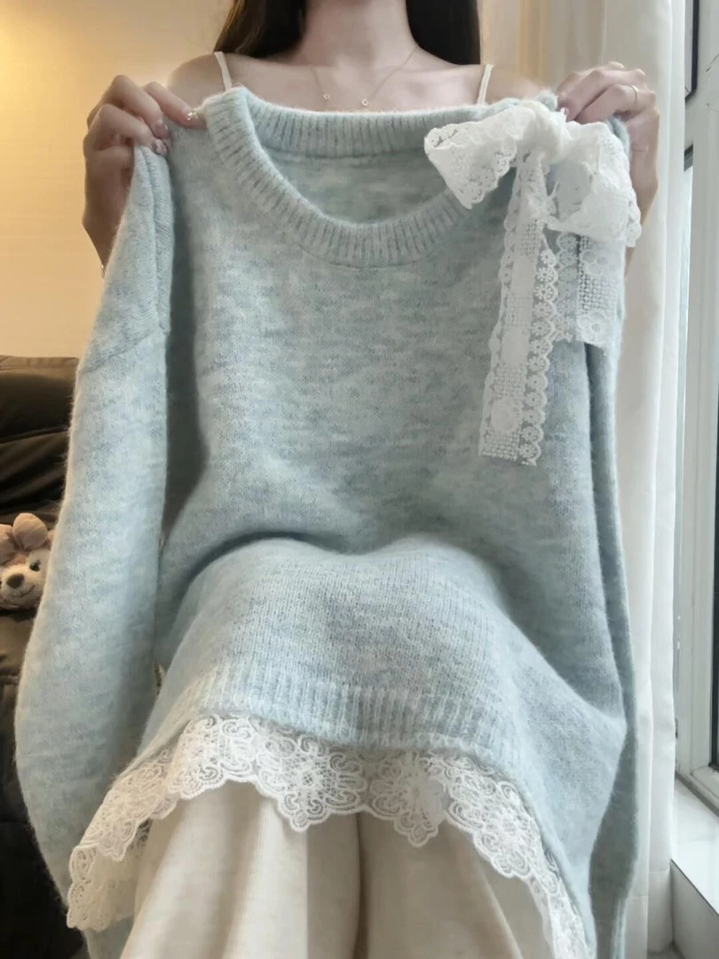 温柔甜美风露肩蕾丝蝴蝶结毛衣女2025秋冬季慵懒风宽松针织衫上衣