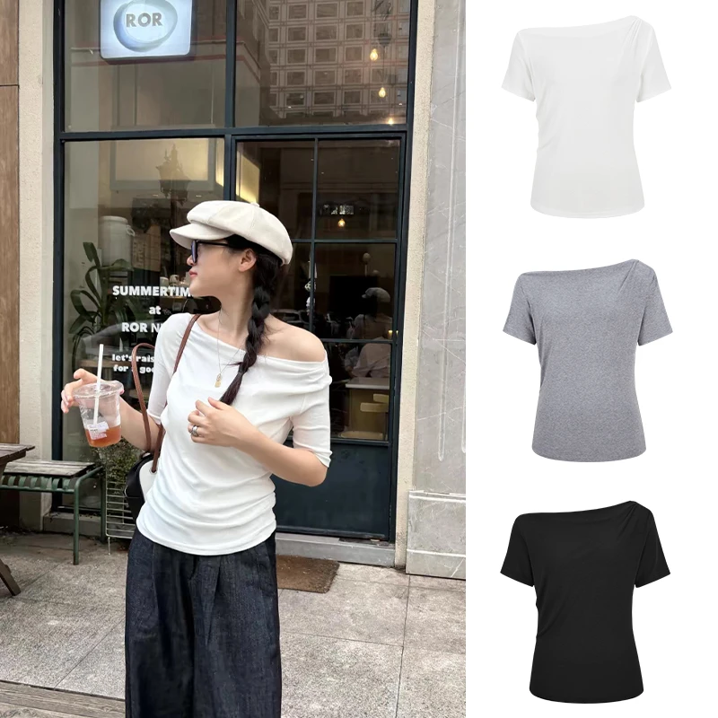 Moses Queen/魔西女王新款打底衫一字肩露肩设计感显瘦短袖T恤