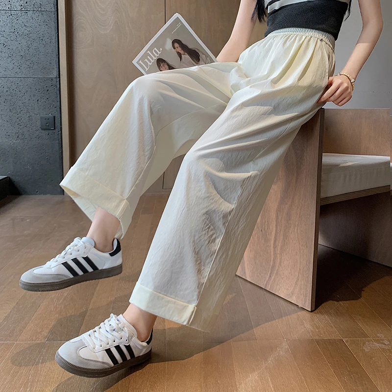 秋季新款薄款宽松冰棉九分阔腿显瘦休闲女裤透气纯色高腰
