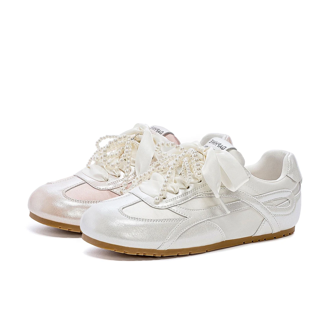 珍珠蝴蝶结德训鞋2025早秋新款百搭甜美运动复古阿甘小白鞋8386