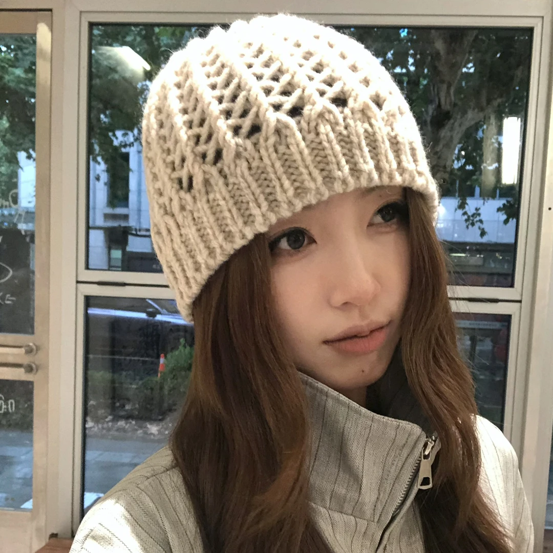 【猫仔kitten】韩版休闲毛线帽女秋冬保暖白色套头手工编织针织帽