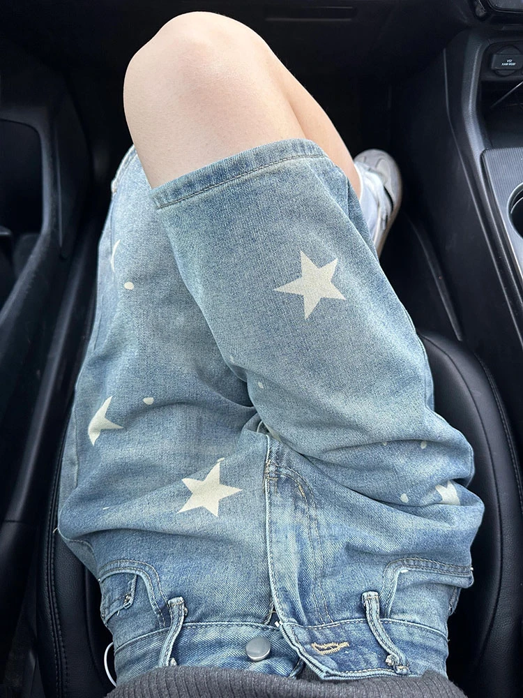 美式星星牛仔五分阔腿裤子女春夏季潮牌直筒宽松小个子百搭牛仔裤