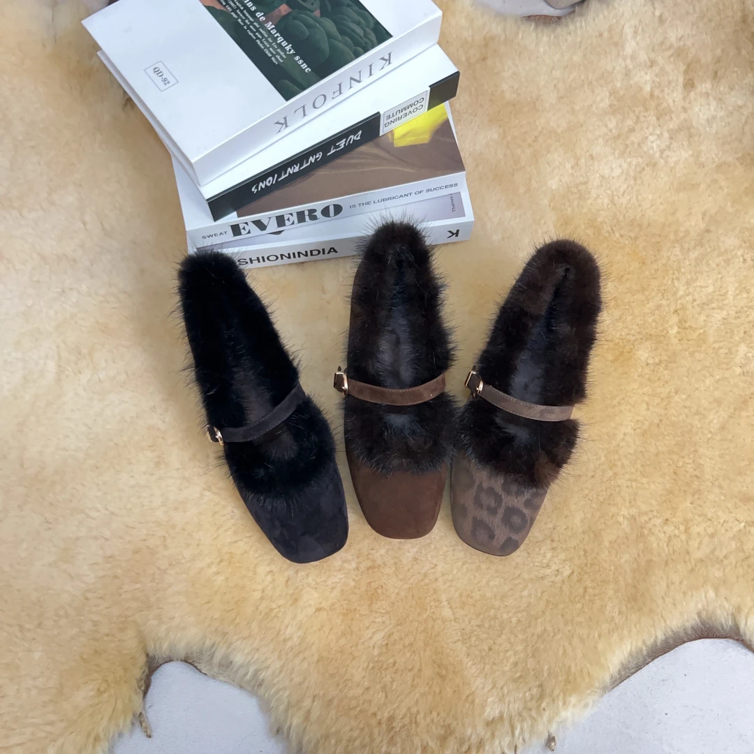 羊皮秋冬新款貂毛复古单鞋女加绒舒适毛毛鞋小众玛丽珍女鞋D008