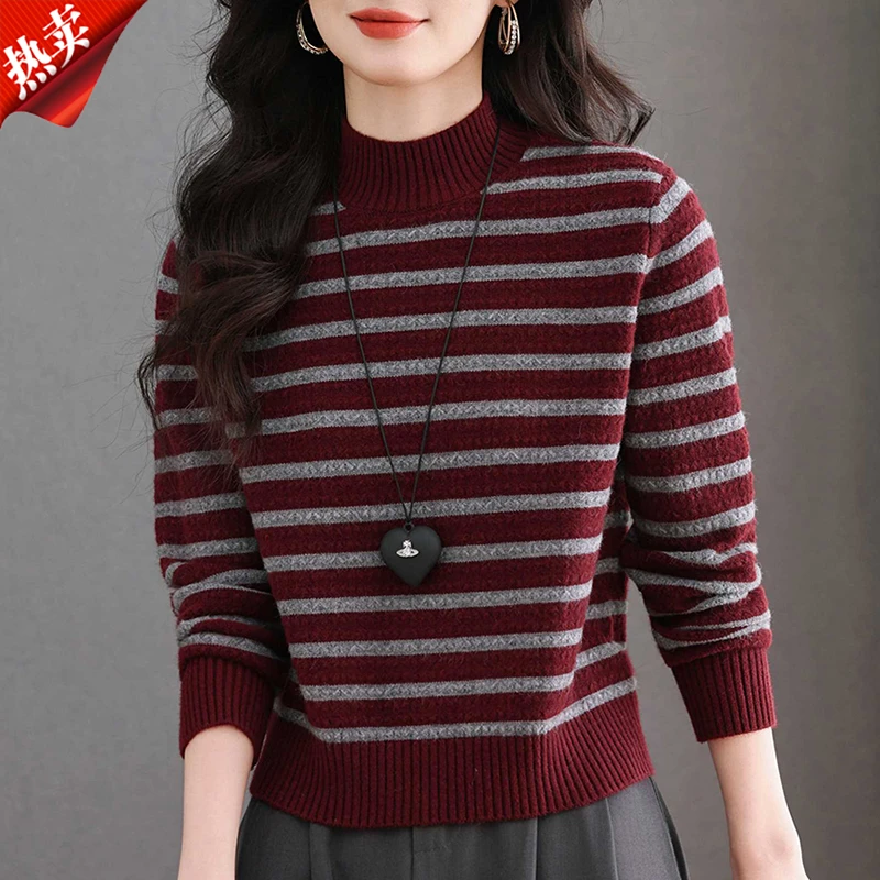 【原版正品】羊毛衫女半高领条纹秋冬百搭针织衫小个子短款打底衫