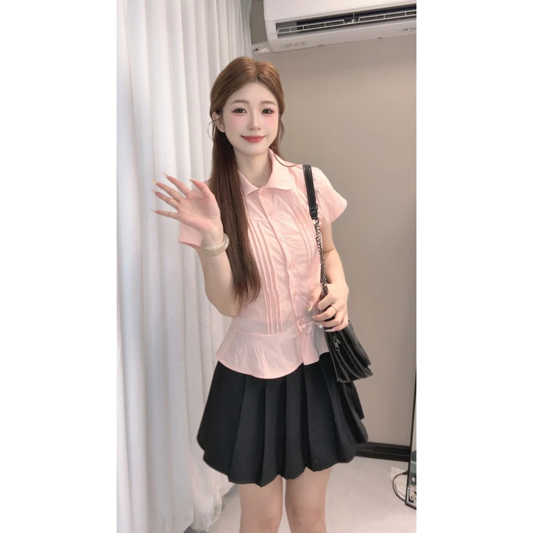 韩系温柔风粉色娃娃领收腰短袖衬衫女夏季设计感减龄花边衬衣