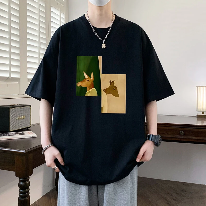 夏季男士爆款纯棉休闲落肩短袖T恤男港风潮流大码半袖透气T恤宽松