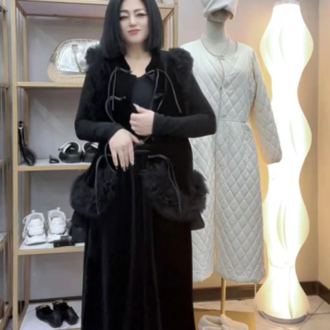 欧货气质金丝绒马甲女24冬季加绒复古立领流苏荷叶木耳边开衫马夹