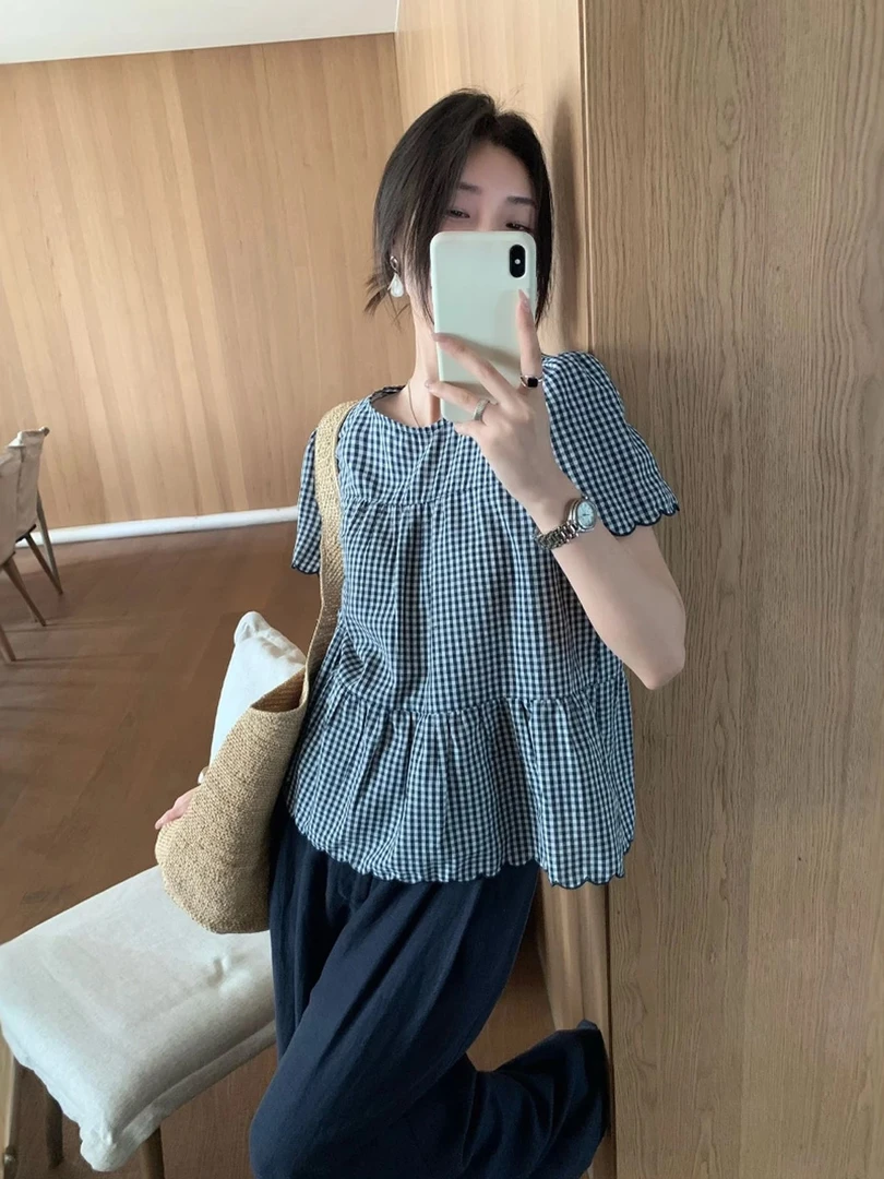 卡蔓诗30298韩系圆领格子短袖衬衫女2025夏季气质显瘦百搭上衣