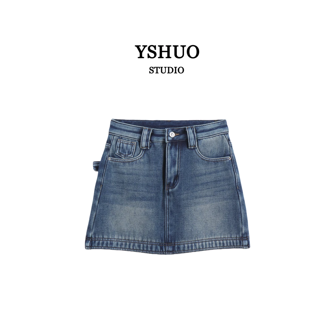 YSHUO【月河星沙】韩系水洗蓝复古高腰加厚A字牛仔短裙  N5220