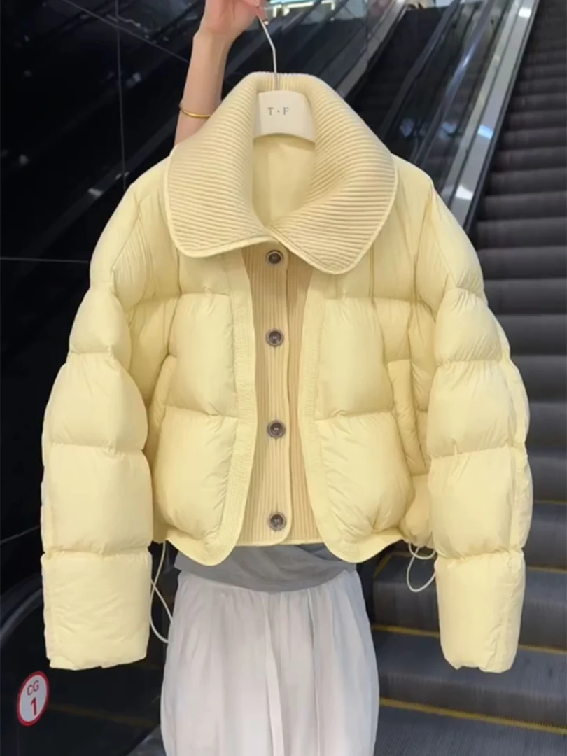 奶黄色泡芙翻领短款棉服女2025年冬季加厚保暖小个子面包服外套冬