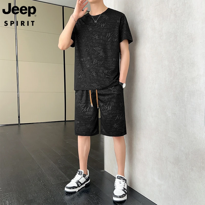 JEEPSPIRIT夏季训练速干排汗宽松男冰丝短袖上衣休闲运动两件套装