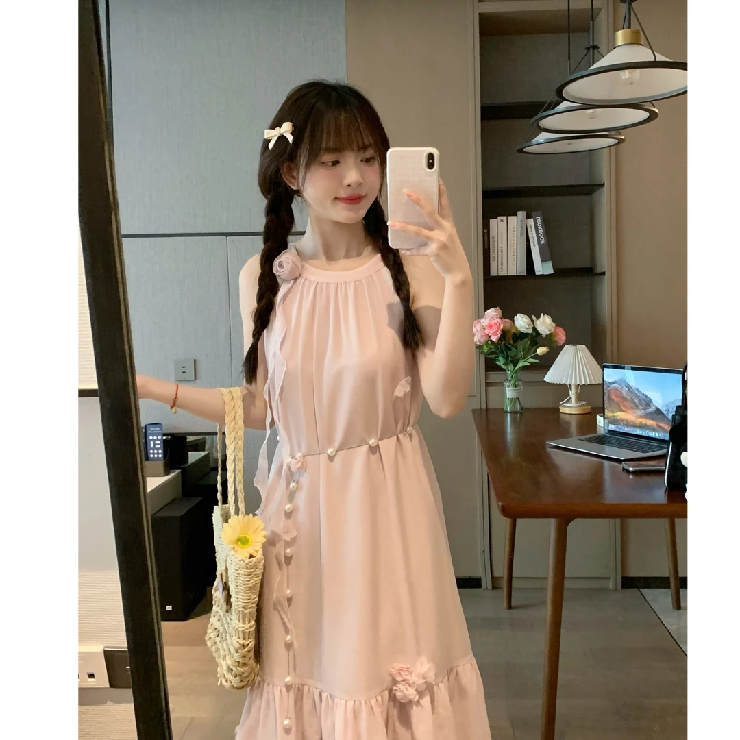 吾小画浅 早春绝美粉色温柔风气质松弛感御姐显瘦大裙摆连衣裙