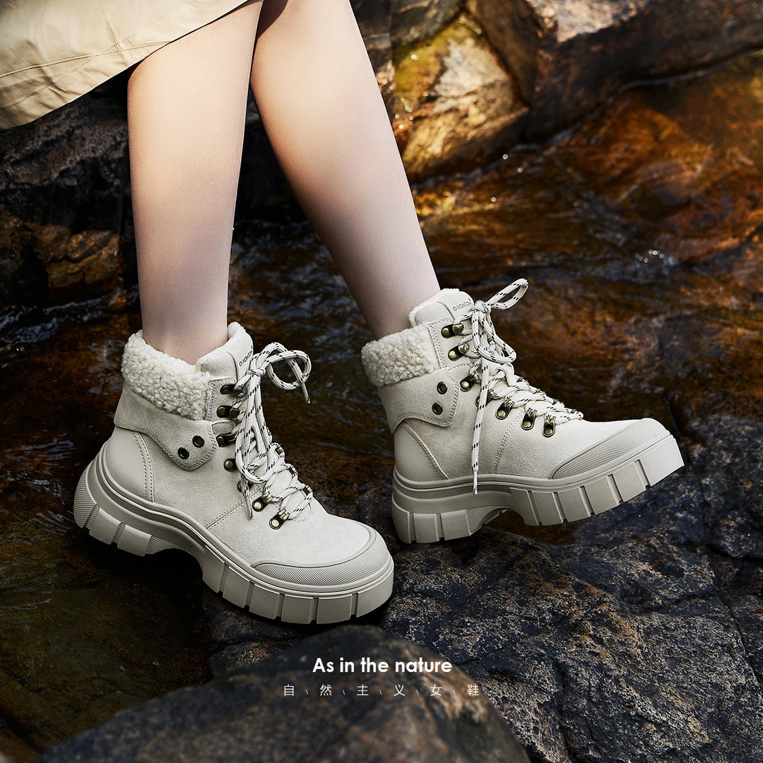 青婉田高帮鞋女秋冬新款小个子增高防滑工装靴户外登山徒步马丁靴