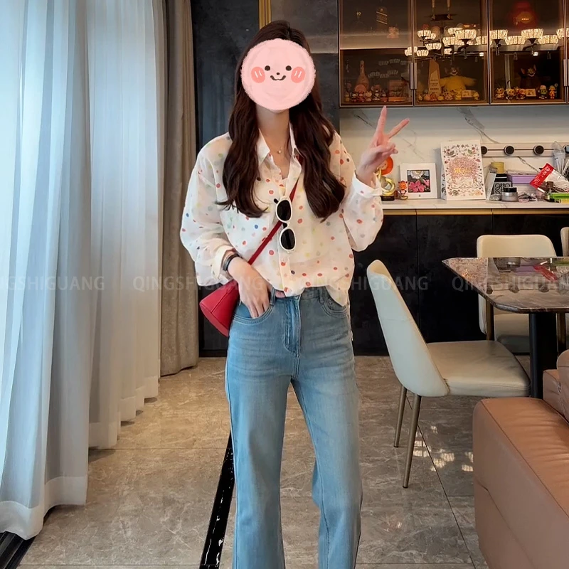 韩系甜美透气彩色波点夏季爆款衬衫外套百搭高腰直筒裤子两件套