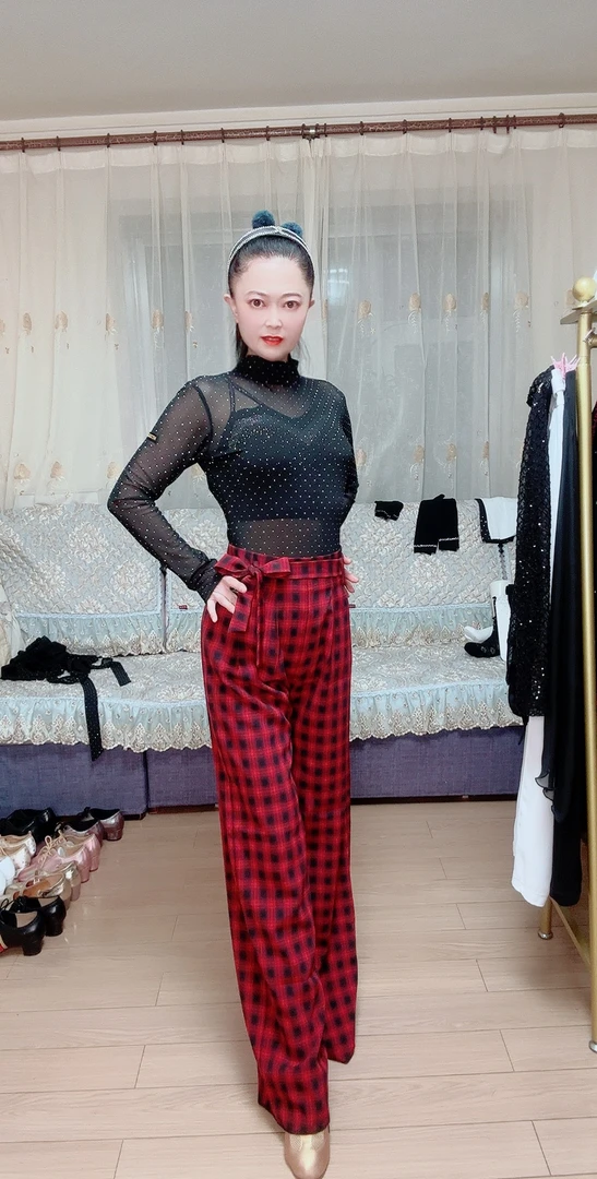 新款时尚格裤摩登舞交谊舞拉丁舞广场直筒阔腿裤