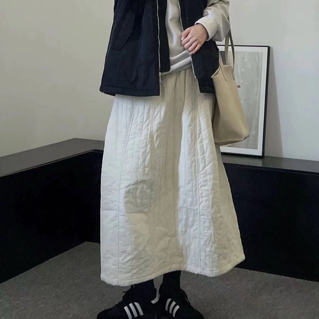日系学院风白色夹棉半身裙女秋冬季2024年新款宽松加厚长棉裙子
