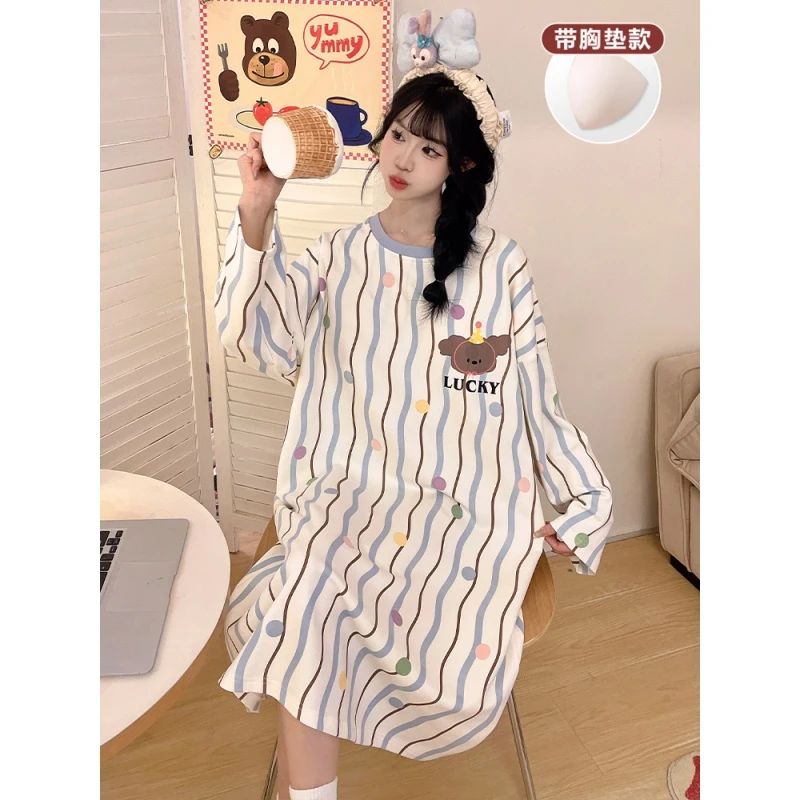 2025新款睡裙女中大童带胸垫一体春秋季长袖防凸点高初中生家居服