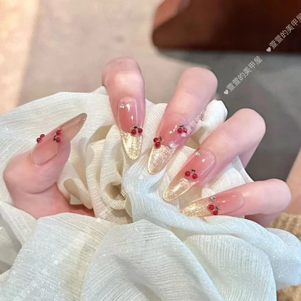 小樱桃纯手工光疗美甲贴果冻贴片指甲穿戴甲简约梯形重复