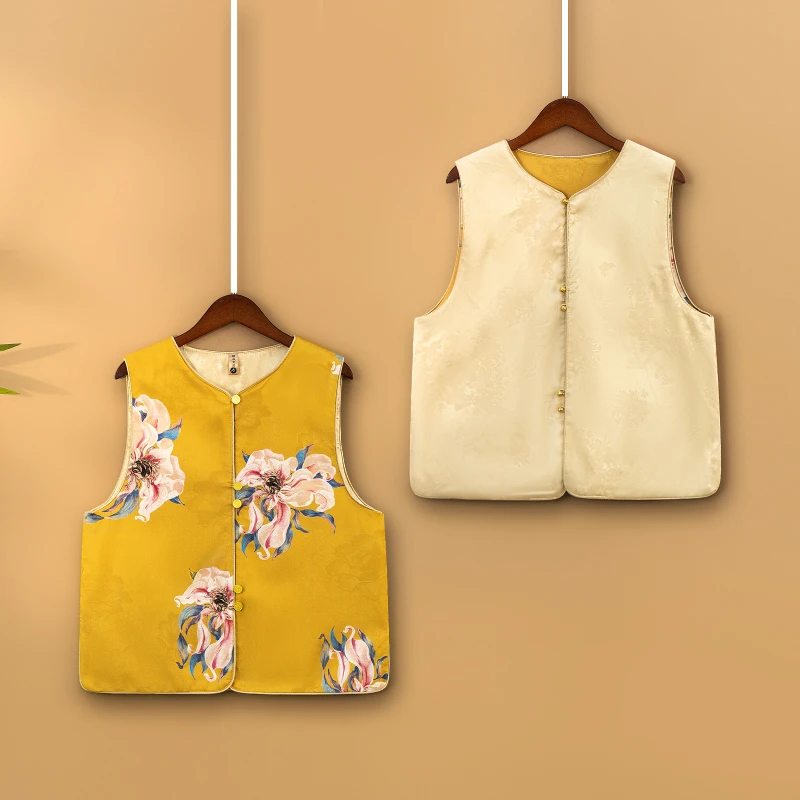 【花瑜】2025新款春季马甲新中式宽松圆领提花双面双穿上衣马夹女款