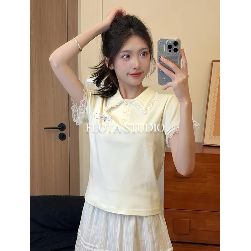 【flota】正肩温柔奶杏色polo短袖T恤女蕾丝蝴蝶结减龄显瘦上衣1270