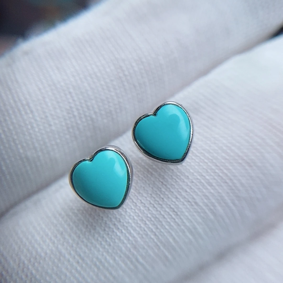 绿松石银S925镶嵌心形耳钉