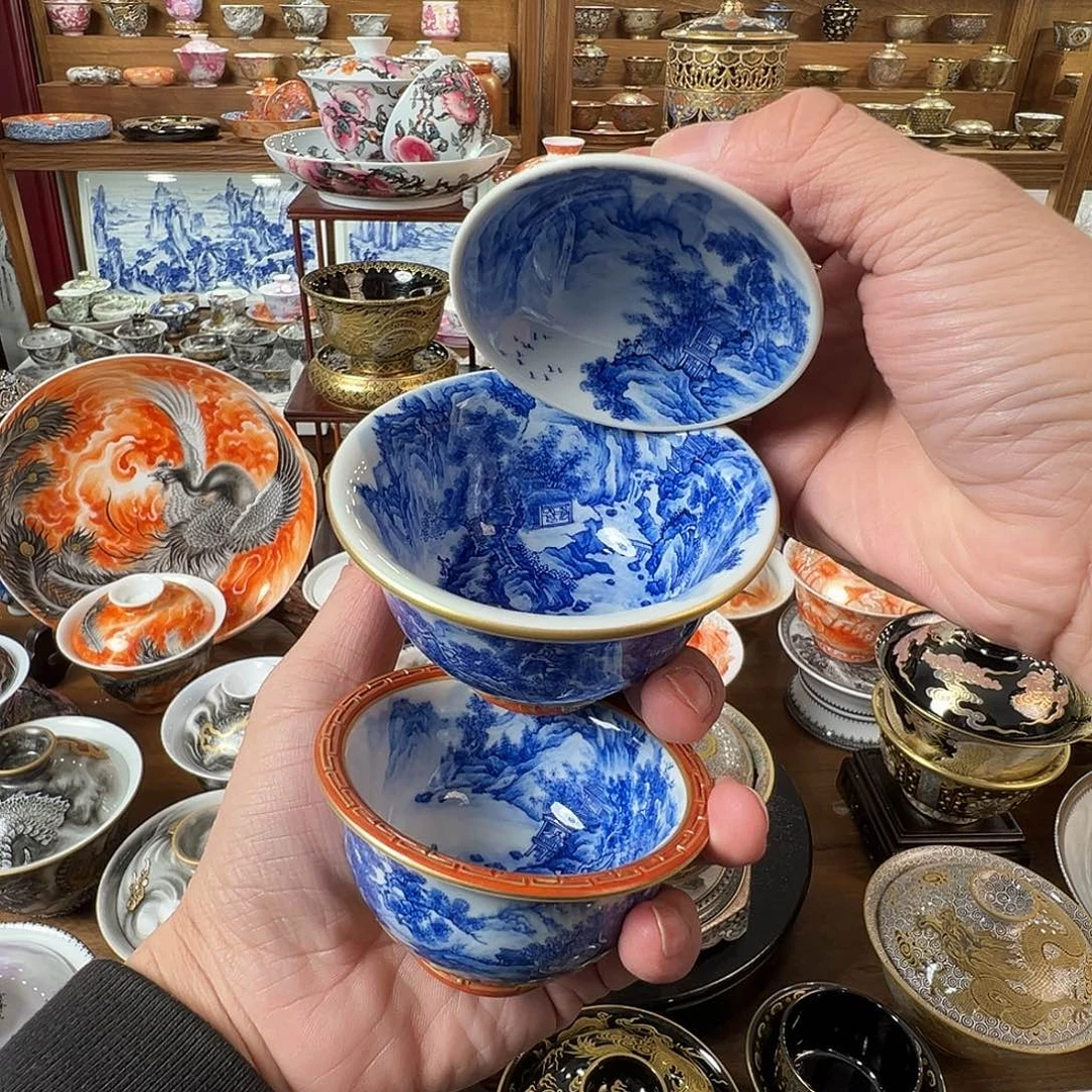 蒼***月青花满工山水雕刻描金盖碗主人杯