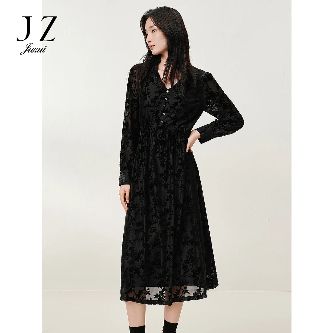 【婷婷专属】JUZUI玖姿JTFQ50002轻熟丝绒烧花连衣裙小黑裙女