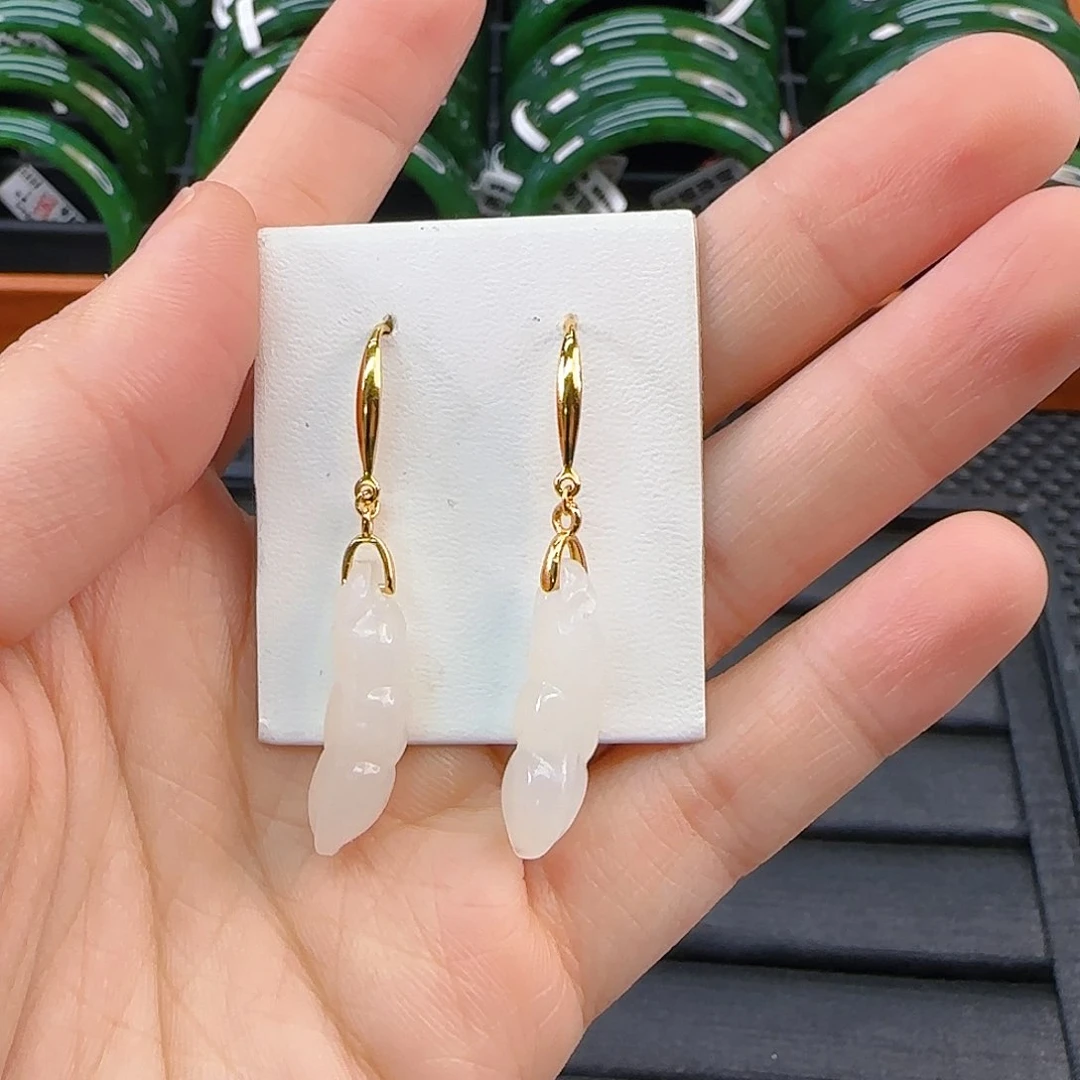 银S925镶嵌和田玉耳饰白玉福豆耳饰