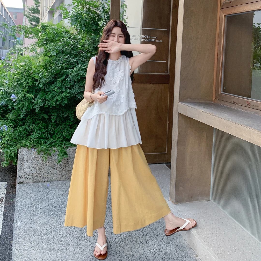 立体花朵背心阔腿裤套装女2025夏季新款甜美显瘦爆款高级感两件套