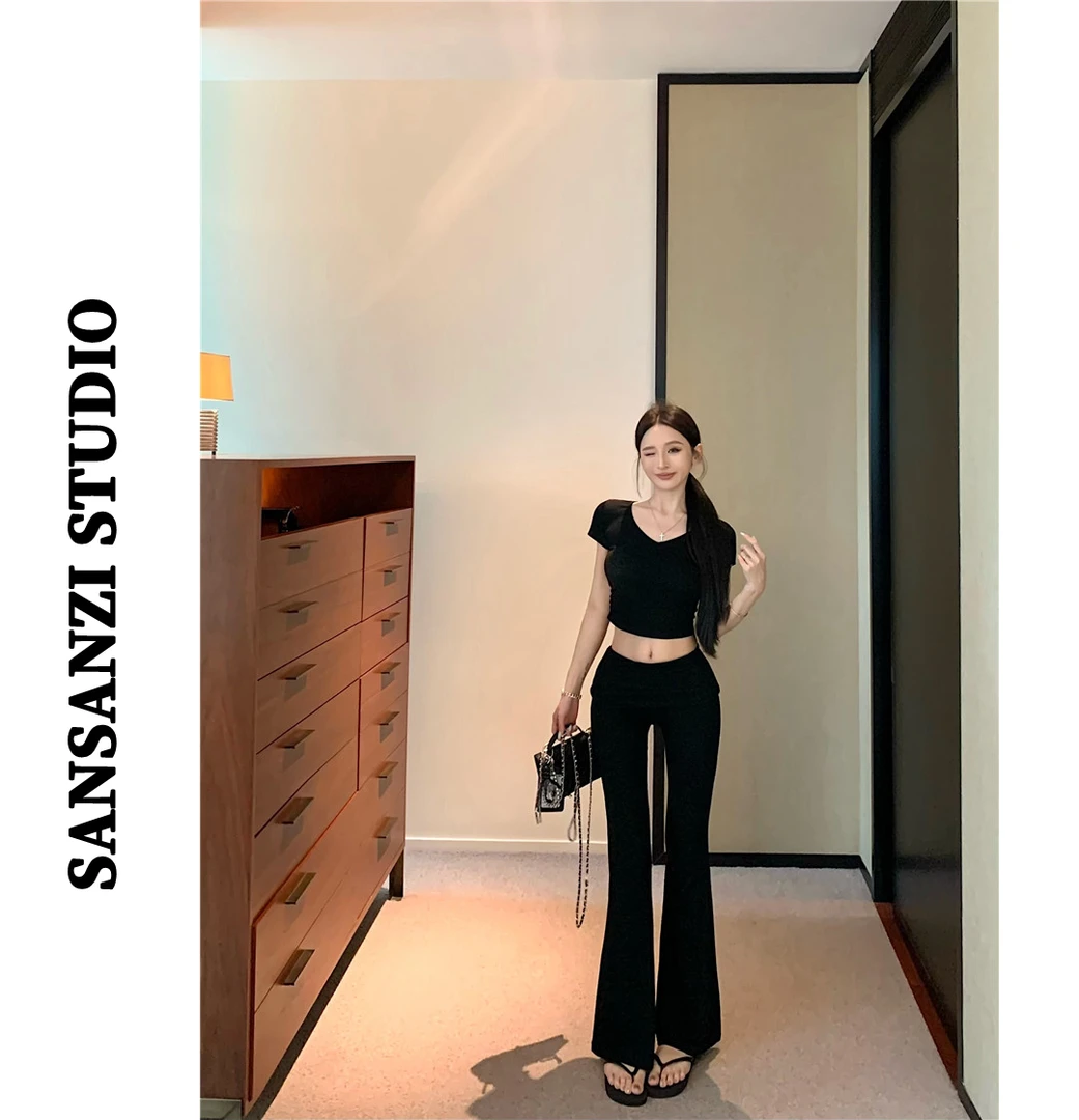 SANSANZI辣妹风性感V领短袖T恤女装夏季低腰修身微喇休闲裤两件套