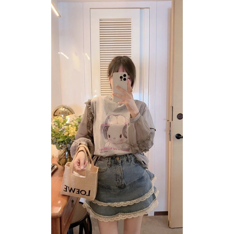 【张静芝】卡通兔子印花拼网纱袖T恤