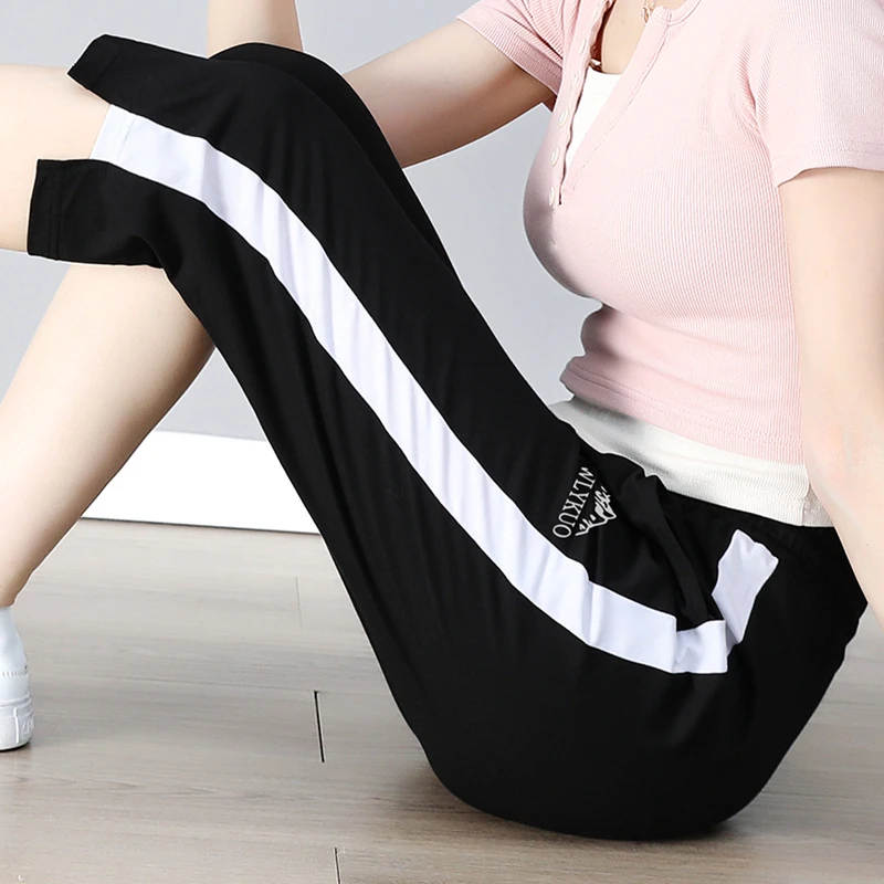 黑色纯棉七分裤女2025夏季新款休闲女裤运动裤子薄款直筒中裤妈妈