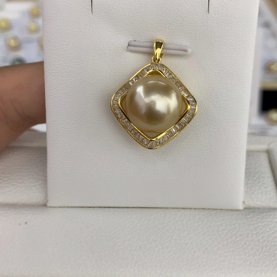银S925镶嵌海水珍珠成品13-14mm金珠成品吊坠