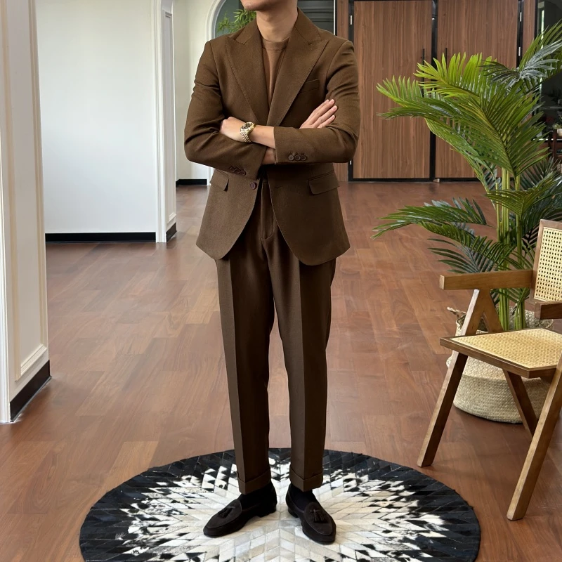 复古伦仕自制意式商务单排扣西装春季新款男士时尚百搭西服套装潮