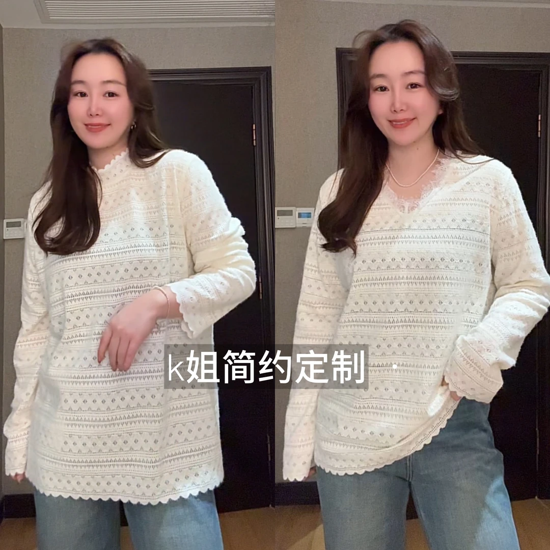 GTNER“KK定制”春款法式蕾丝仙女风T恤时尚加厚长袖套头圆领D1695