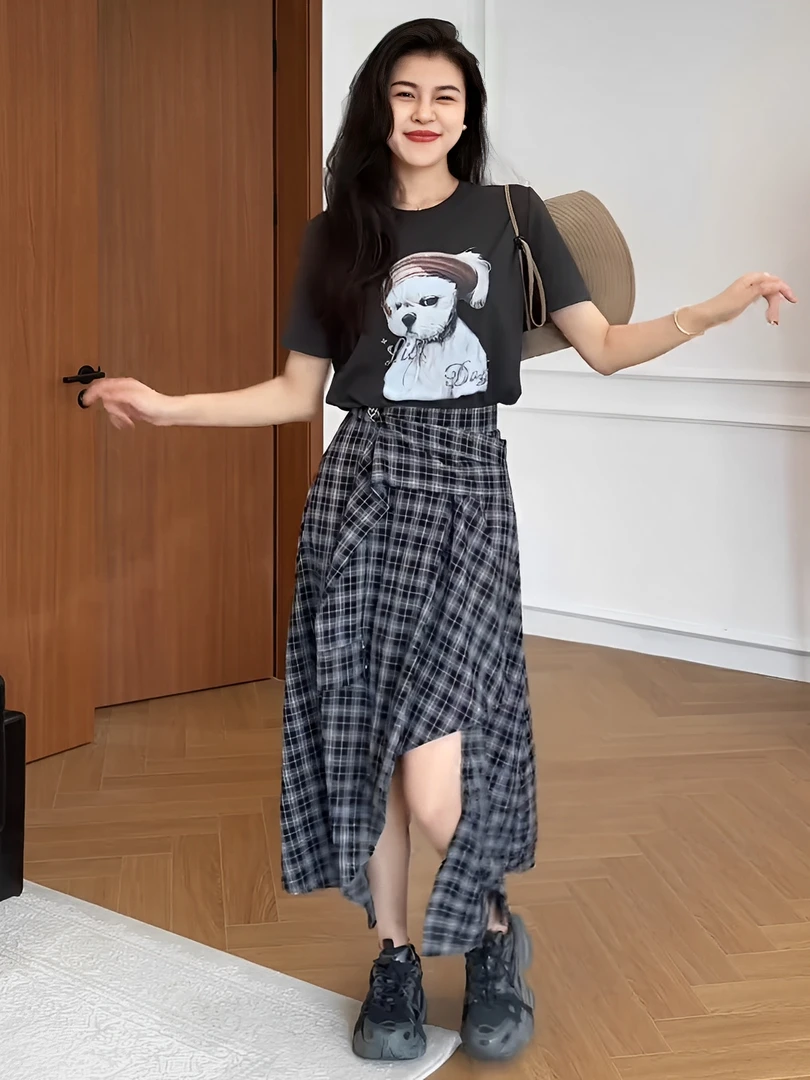 【莎莎专属】甜酷美式时髦小狗印花T恤显瘦垂感拼接开叉格子半身裙
