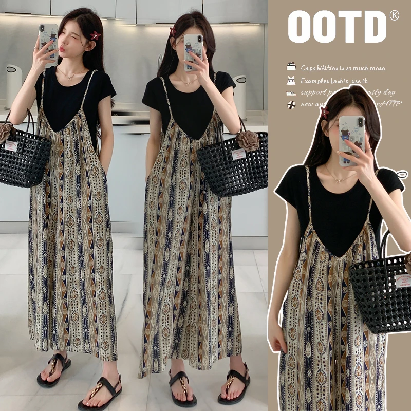 孕妇夏装打底衫雪纺宽松大码背带裤2025新款孕期网红洋气大码胖mm