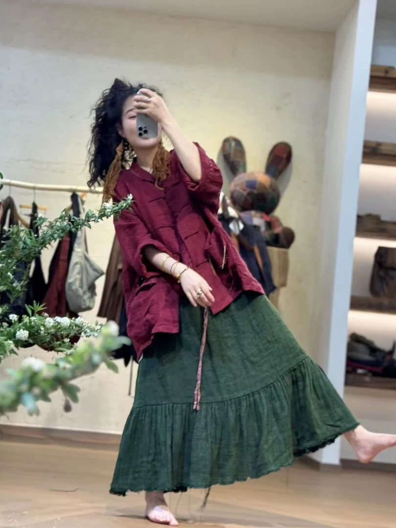 色织亚麻提花手工盘扣大口袋文艺复古短款上衣衣牧了然