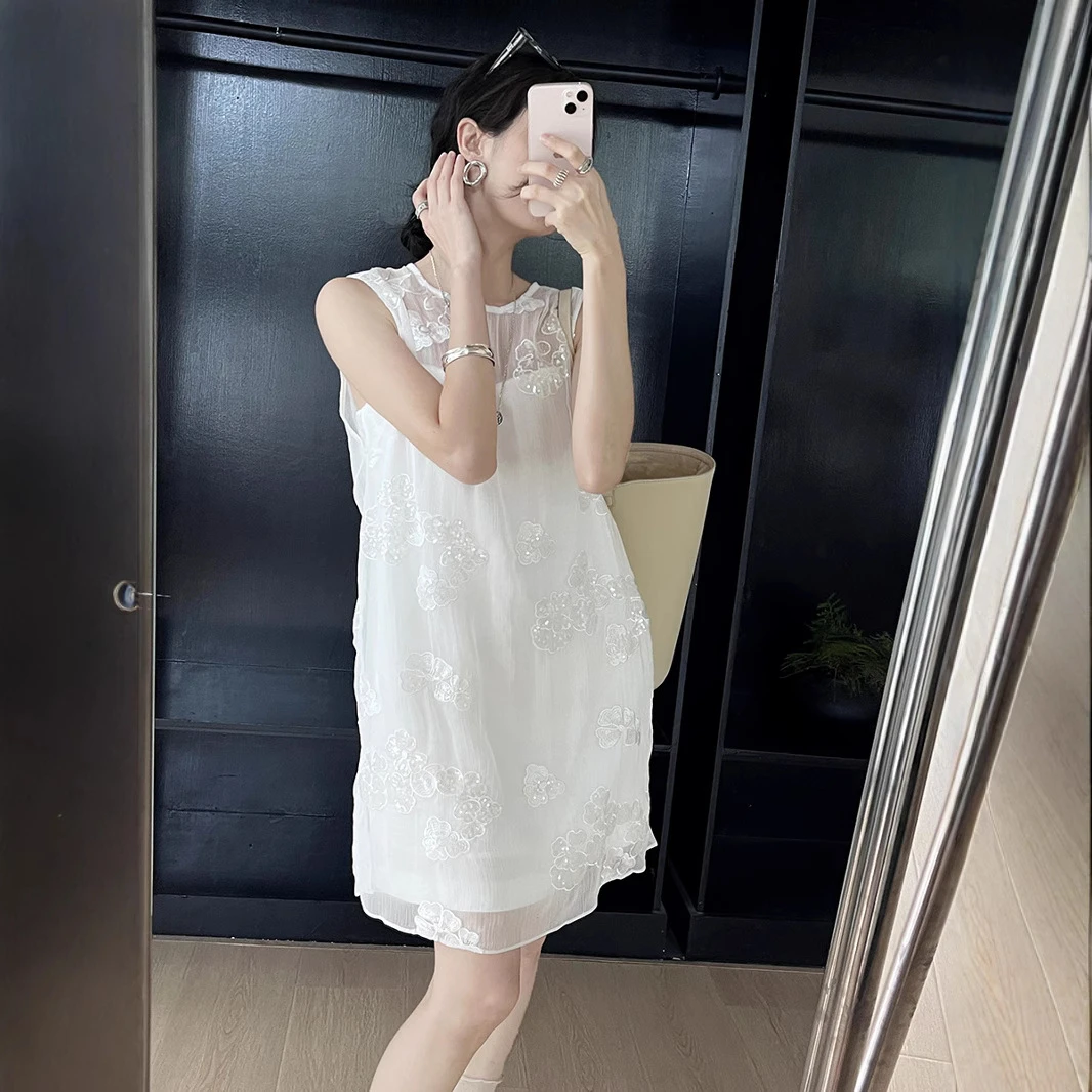 夏上新真两件手工珠片刺绣通勤百搭连衣裙十三行女法式