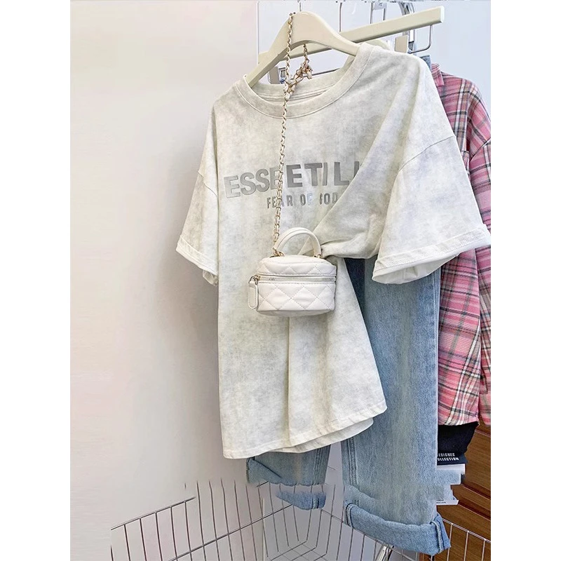 灰色扎染短袖T恤女夏季美式复古oversize国潮潮牌字母设计感上衣