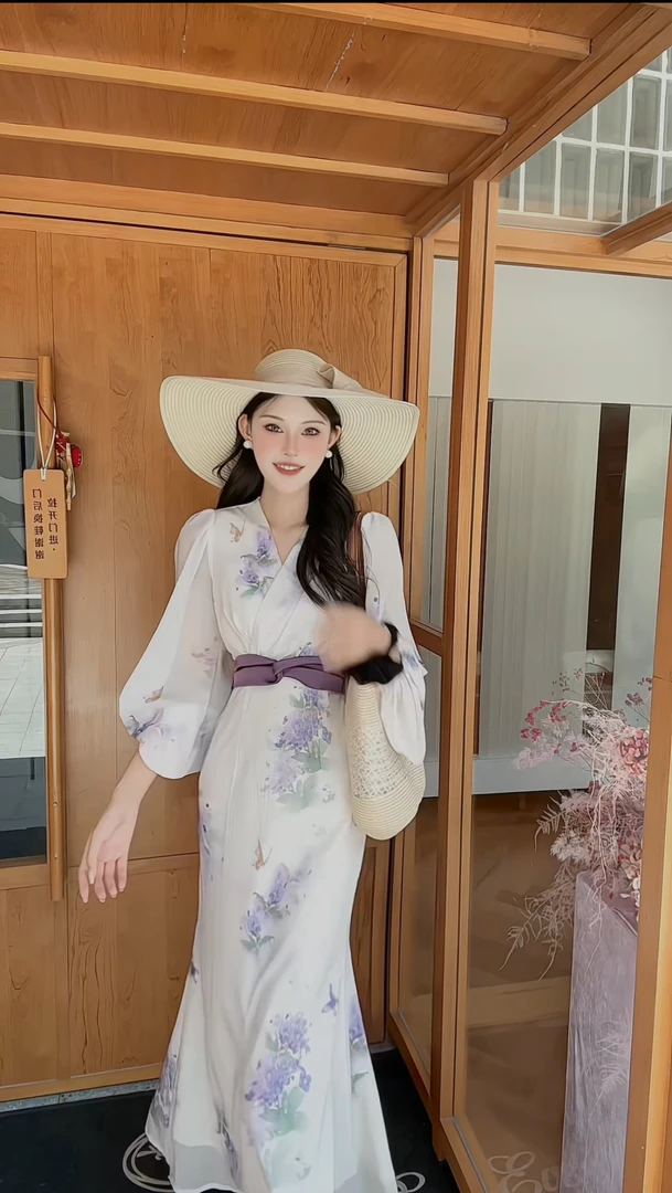 【墨染紫梦】神明少女系列约会日常氛围感温柔喇叭袖连衣裙