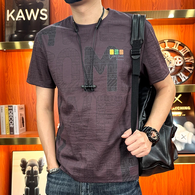 满身印花短袖T恤衫男士2025夏季新款男装棉麻半袖体恤休闲上衣