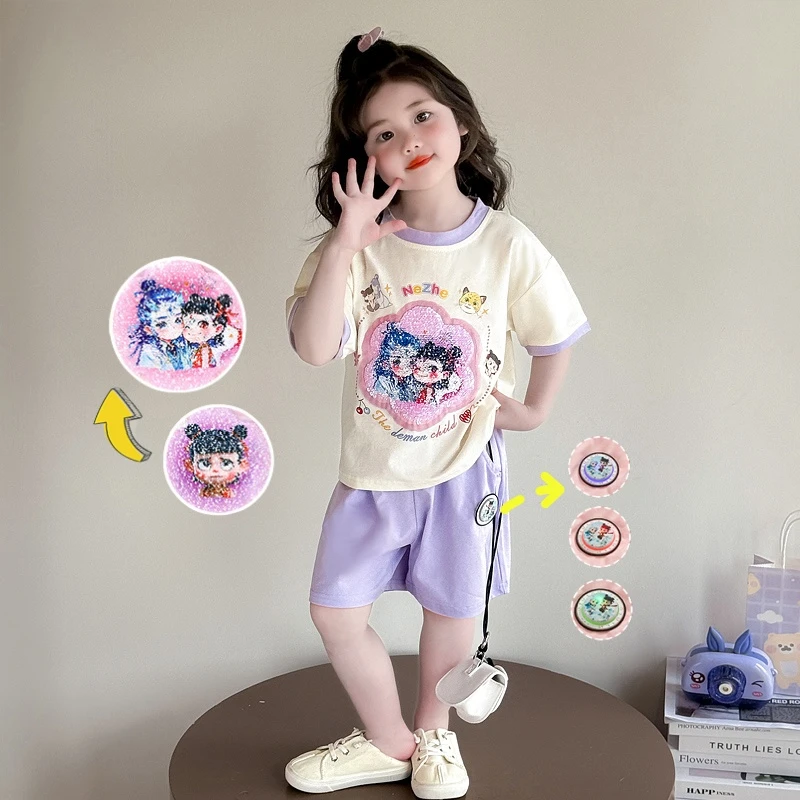 女童哪咤敖丙变色亮灯短袖套装夏季小女孩亮片哪吒休闲短裤两件套