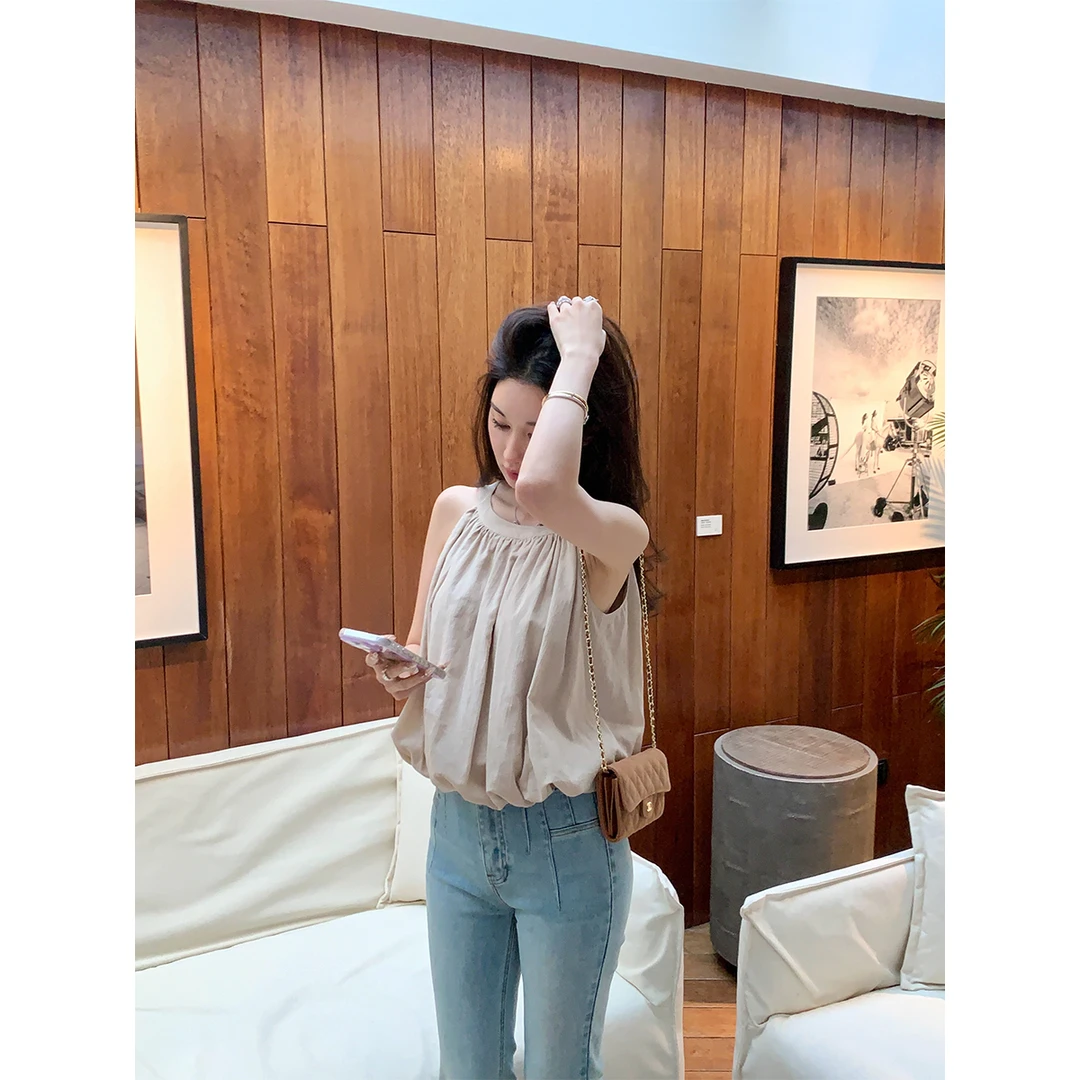 ACHI大也池◆矜贵千金~100%棉圆领挂脖上衣女